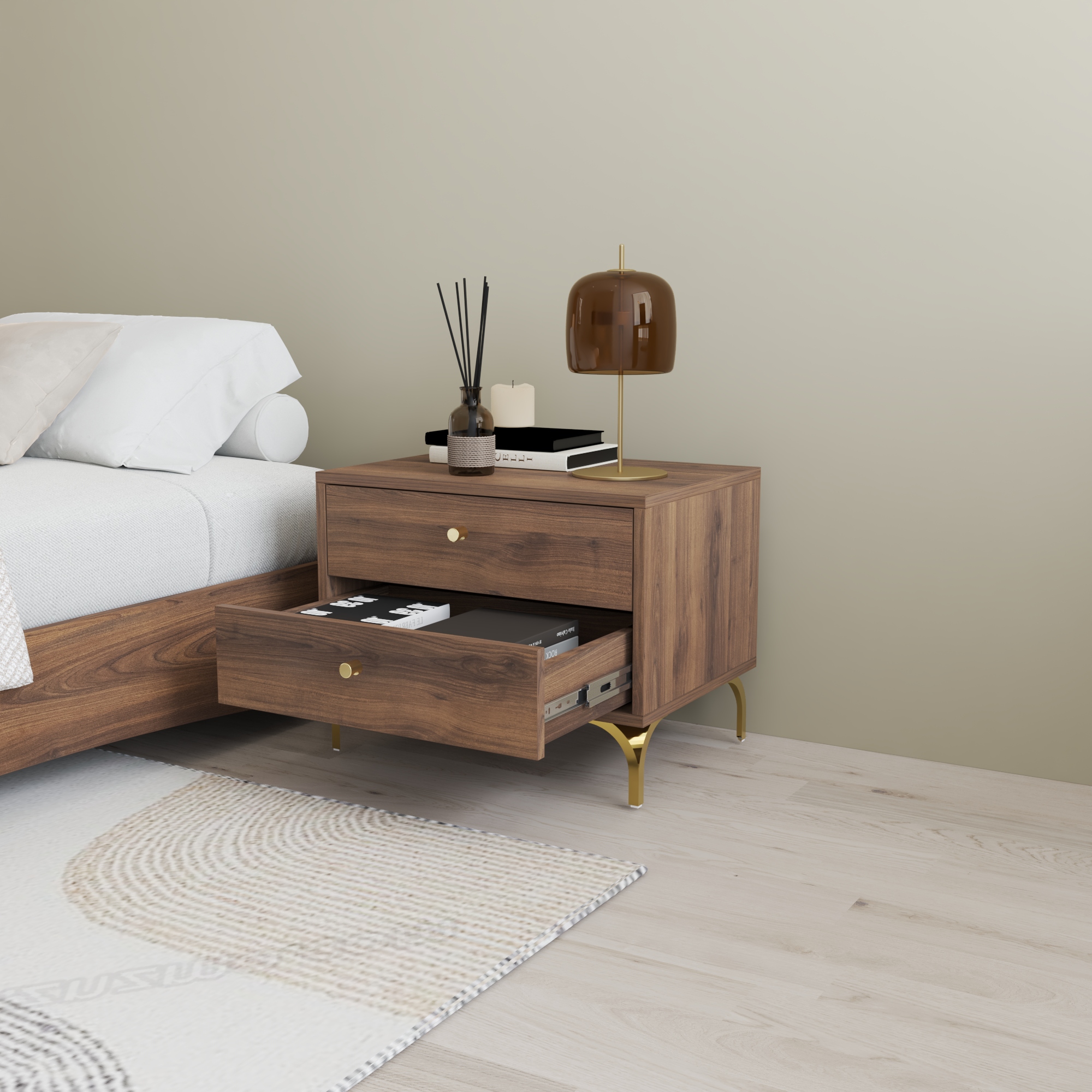 HAPPY FURNITURE , Táp đầu giường 2 ngăn kéo - HAPPI, THK_267 , 56cm x 40cm x 44cm DxRxC