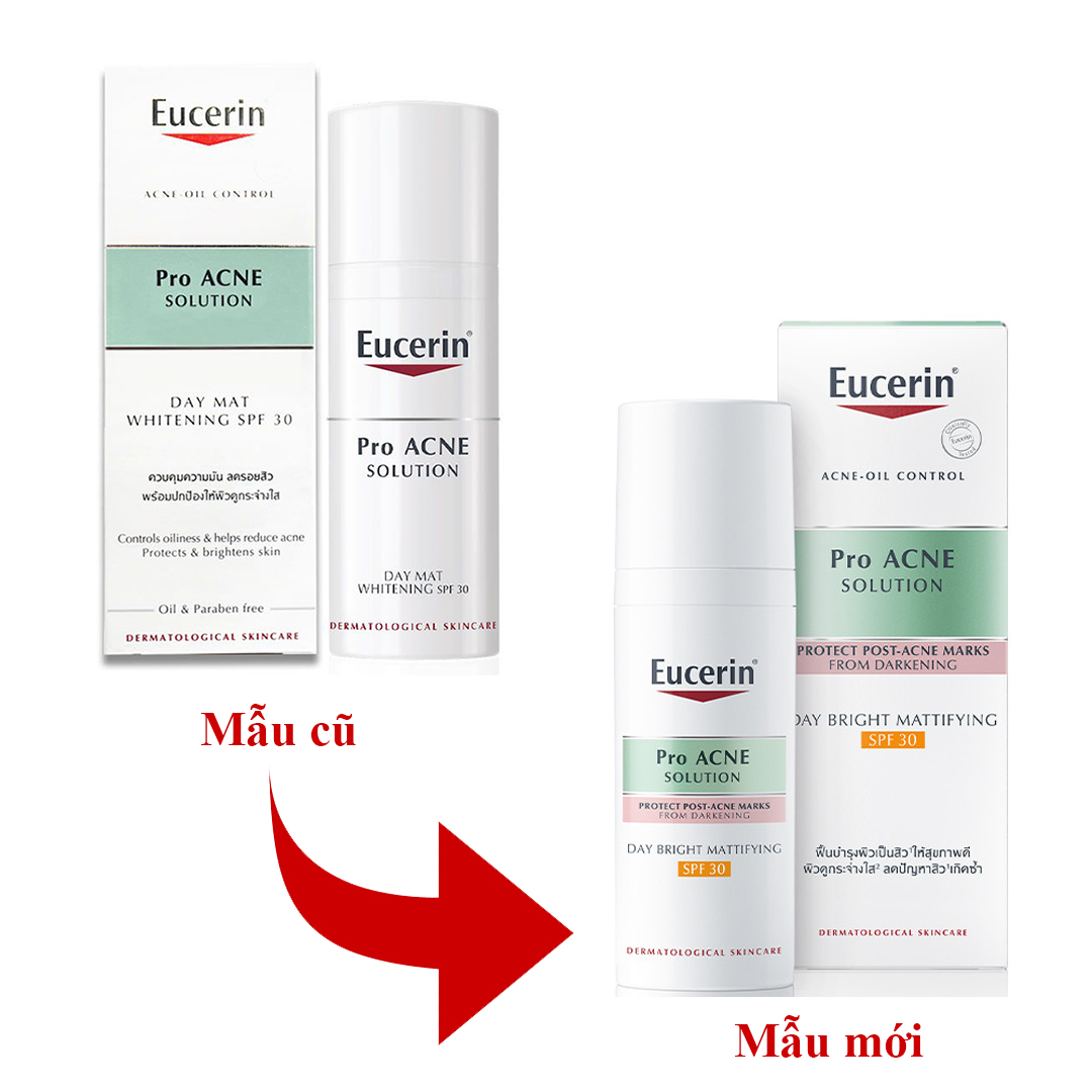 Kem dưỡng giúp giảm mụn, dưỡng trắng da Eucerin ProAcne Day Mat Whitening SPF30 50ml + Tặng máy massage mặt ion