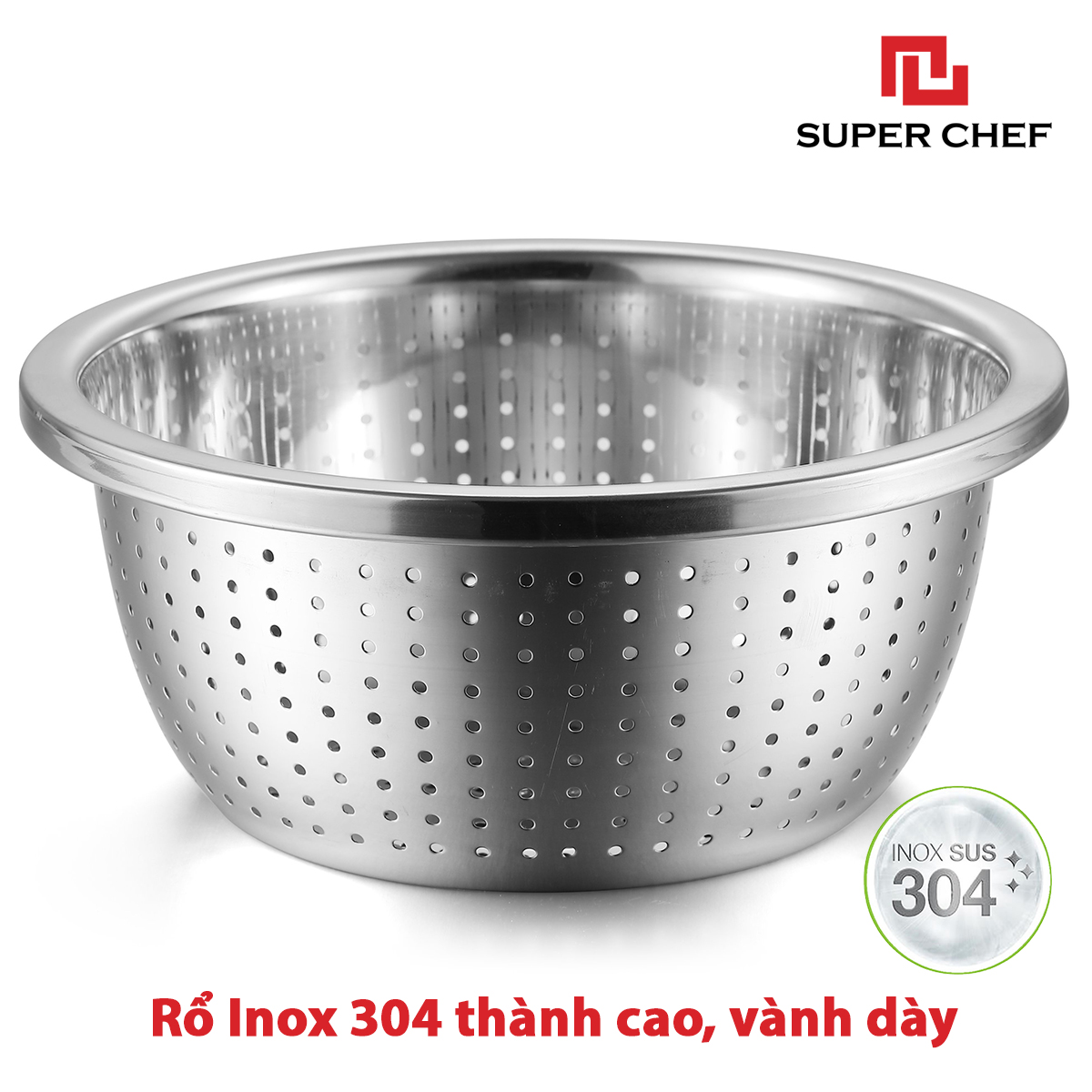 Combo Thau Và Rổ Inox 304 Super Chef Dày, Cao Cấp Sáng Bóng, Không Gỉ Sét, Hoen Ố Và Siêu Bền Bỉ, Sang Trọng