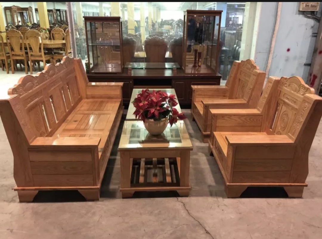 Bộ bàn ghế phòng khách như ý gỗ sồi , Bộ Salon Như Ý , Bộ ghế đối như ý mặt nan gỗ sồi