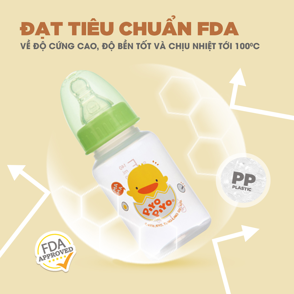 Bình sữa cổ tiêu chuẩn Piyo Piyo 150ml thân bình thẳng có thước đo, nhựa PP không chứa BPA