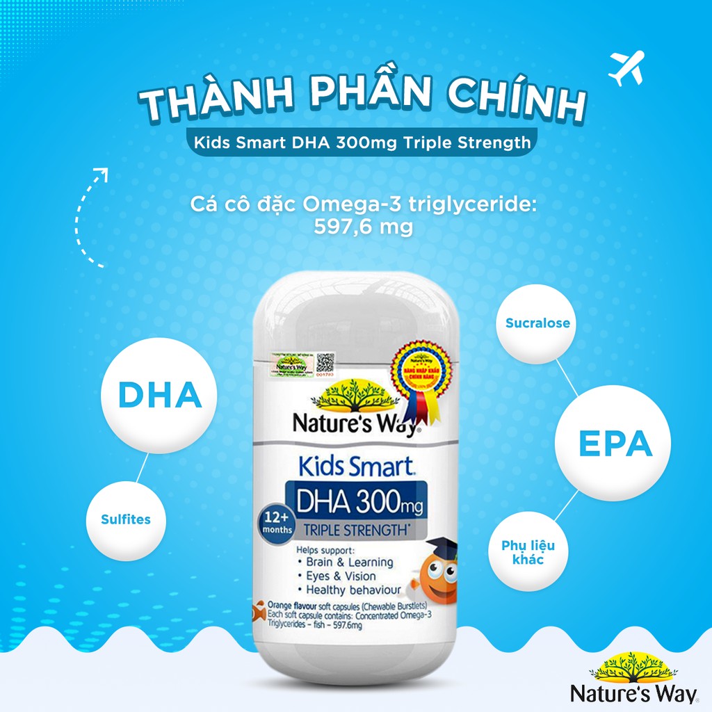 Viên Nhai Cho Bé Nature's Way Kids Smart DHA 300mg Triple Strength Tăng Cường Sự Phát Triển Toàn Diện 50 Viên