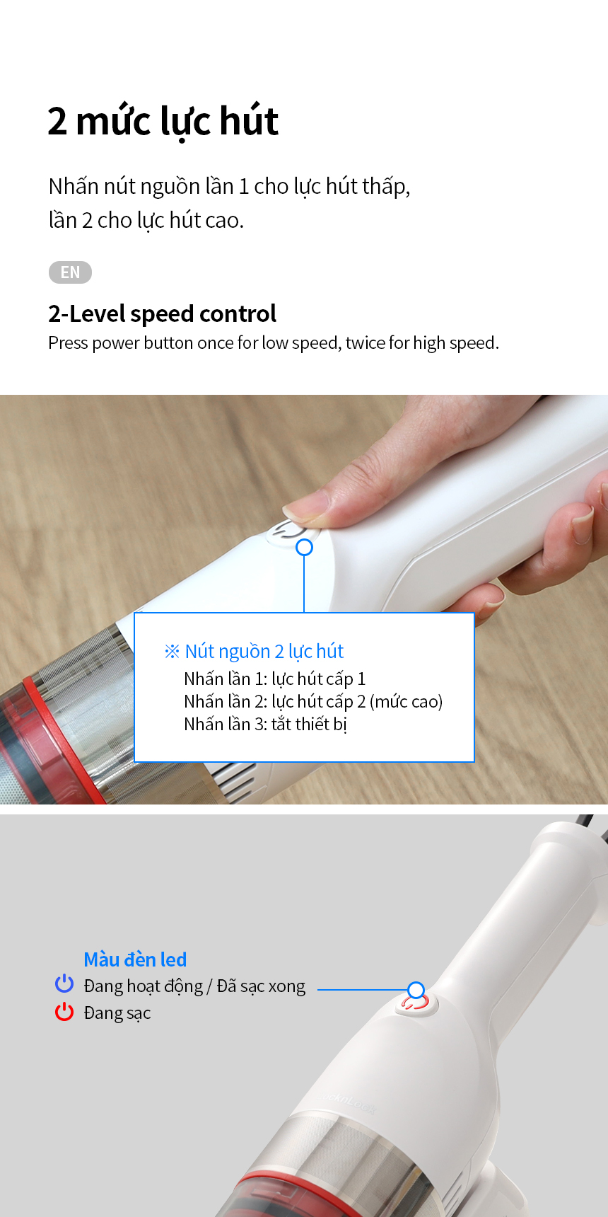 Máy hút bụi cầm tay mini Locknlock ENV136WHT Mini vacuum cleaner - 14V, 500mA, 75W - Dung tích 0.5L- Hàng chính hãng