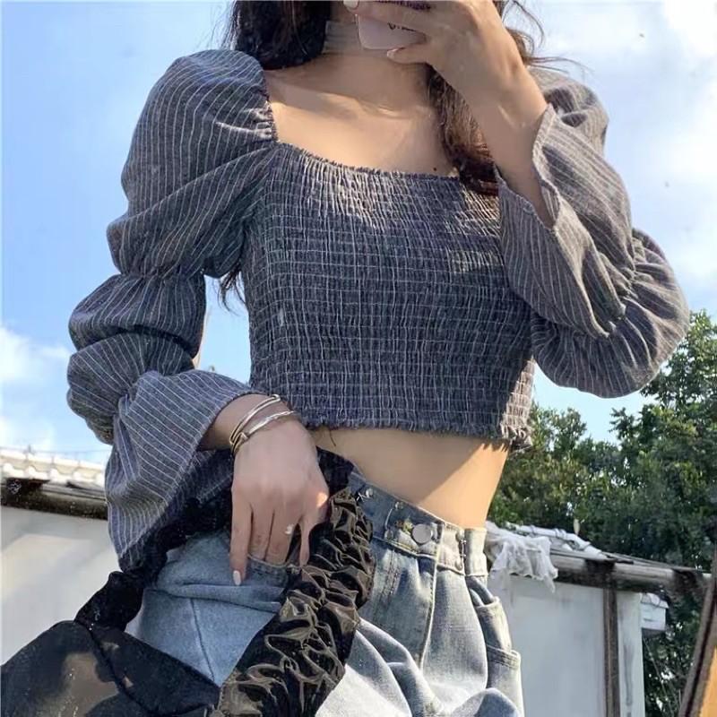 Áo croptop nhún tay dài kẻ sọc summer 2021
