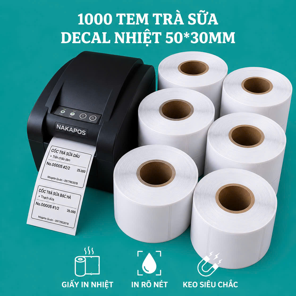 Giấy Decal nhiệt 50x30 mm x 30m, Decal Trà sữa 50x30 mm x 30m, Giấy in mã vạch tem nhãn, tem phụ 50x30 mm x 50m