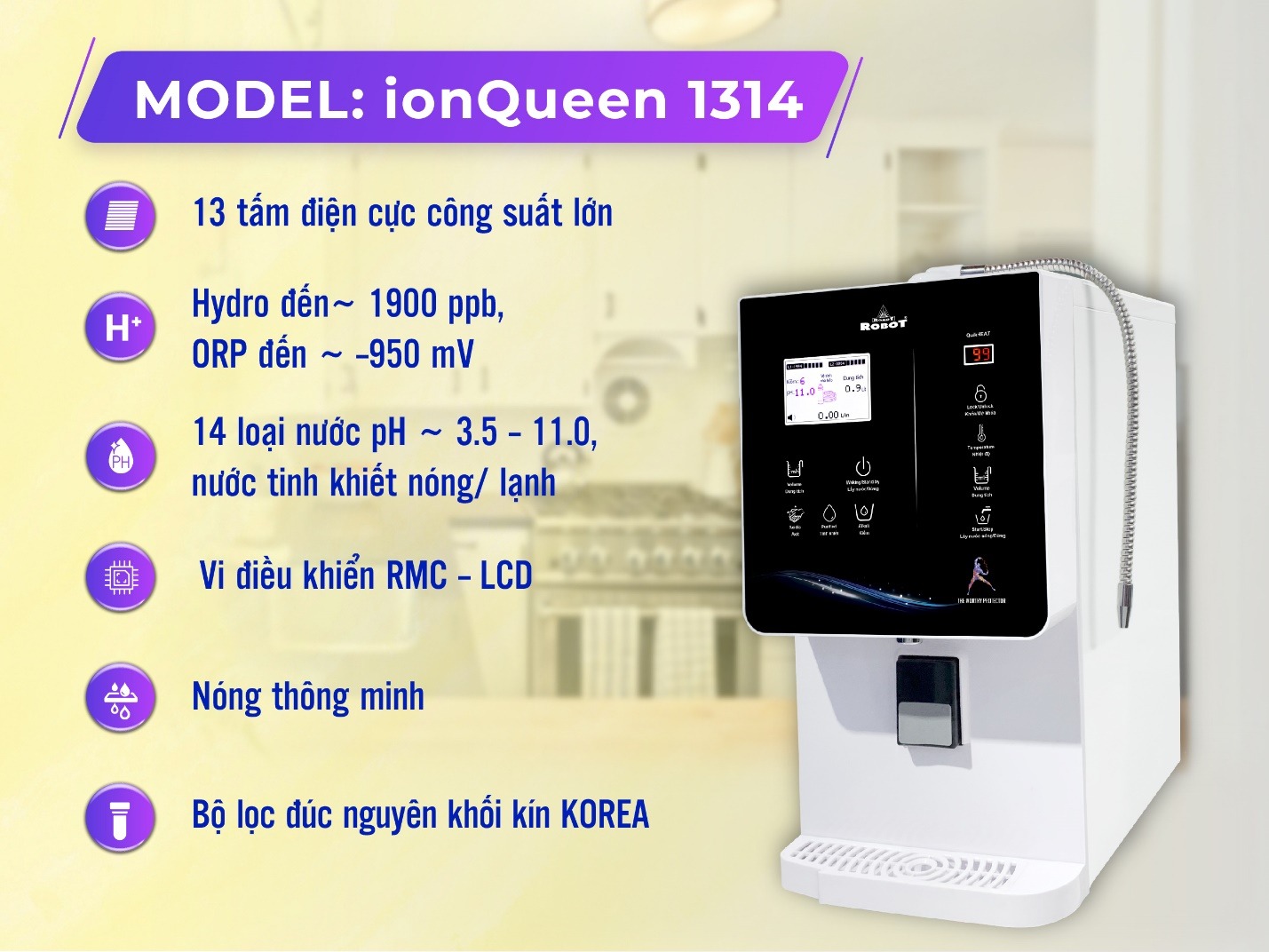 Máy Lọc Nước Điện Giải Nóng Thông Minh - Lạnh ROBOT ionQueen 1314 - Hàng chính hãng