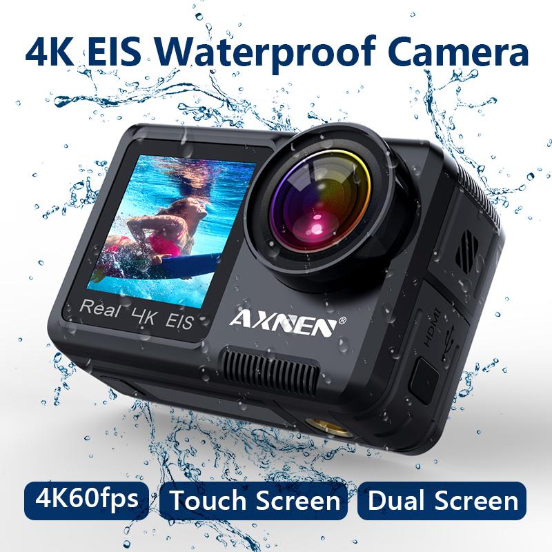 Axnen AX8 4K Action Camera camerproof Cam 4K60fps EIS Sports Video Ghi lại 20MP Hiển thị kép 2 inch Màn hình cảm ứng 1080p webcam