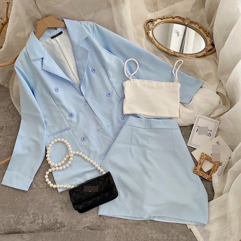 ĐẦM SET ÁO KHOÁC BLAZER VEST RỘNG TAY DÀI + CHÂN VÁY NGẮN CHỮ A LƯNG CAO SUÔNG TRƠN + ÁO 2 DÂY ĐI CHƠI ĐI TIỆC DẠO PHỐ CÔNG SỞ