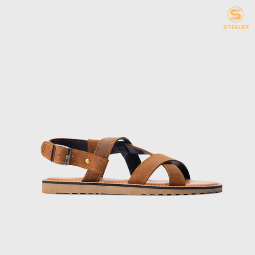 Sandal da bò 100% nam STEELER - sandal unisex S9 Nâu - chất liệu da bò sáp, đế cao su.