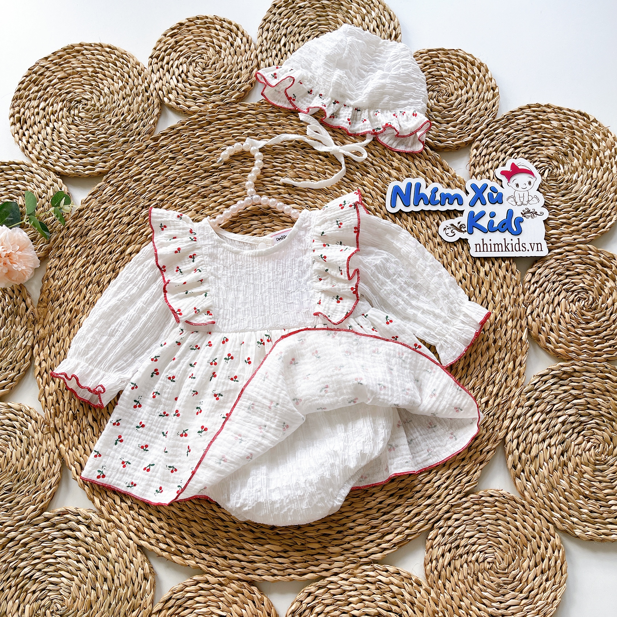  Body Váy Trắng Tay Dài NHÍM XÙ KIDS Cho Bé Gái Sơ Sinh, Đầy Tháng, Thôi Nôi Chất Đũi Xốp Mềm Mát A443