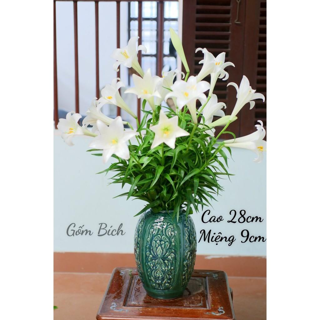 Bình Hoa Lọ Hoa Men Ngọc Khắc Hoa Sen Nổi - Gốm Sứ Bát Tràng - Decor Nội Thất Văn Phòng