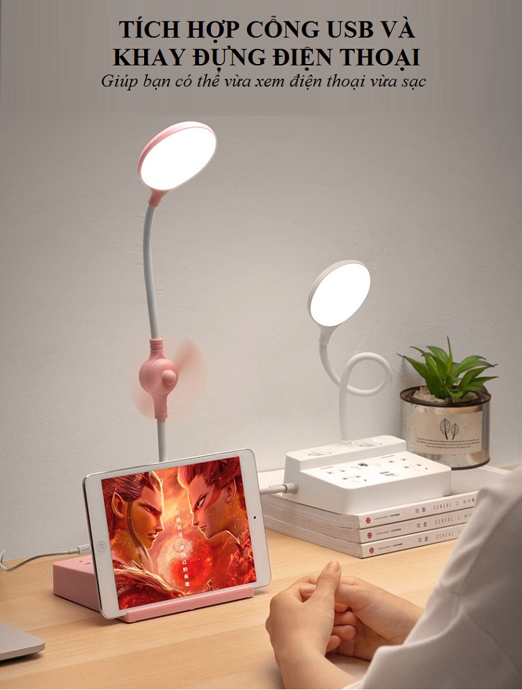 Đèn Led Đặt Bàn Kiêm Ổ Cắm Và Cổng USB Có Tích Hợp Quạt Mát Tiện Dụng
