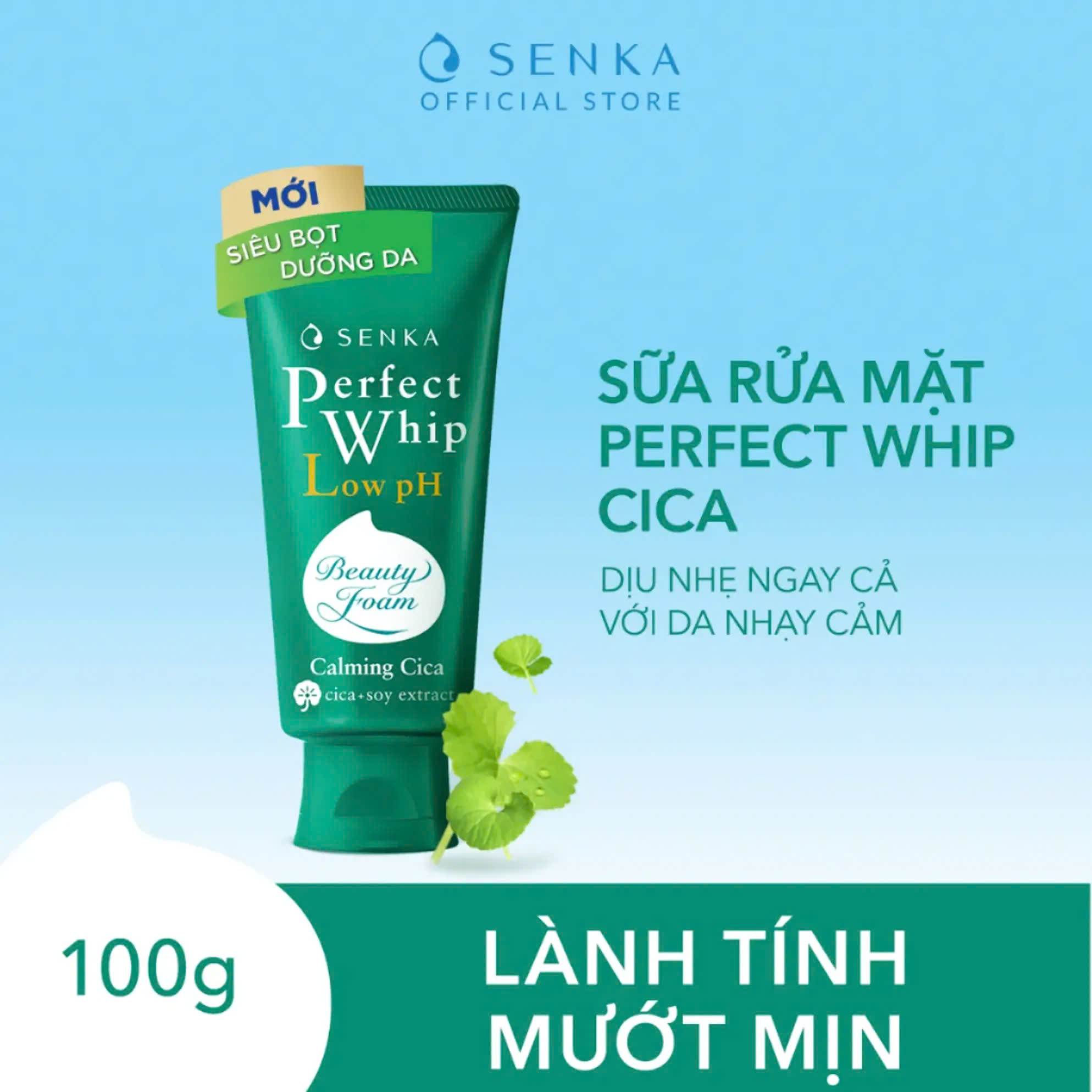 Sữa Rửa Mặt Senka Tạo Bọt Chiết Xuất Rau Má Dịu Nhẹ Perfect Whip Low Ph Calming Cica 100g