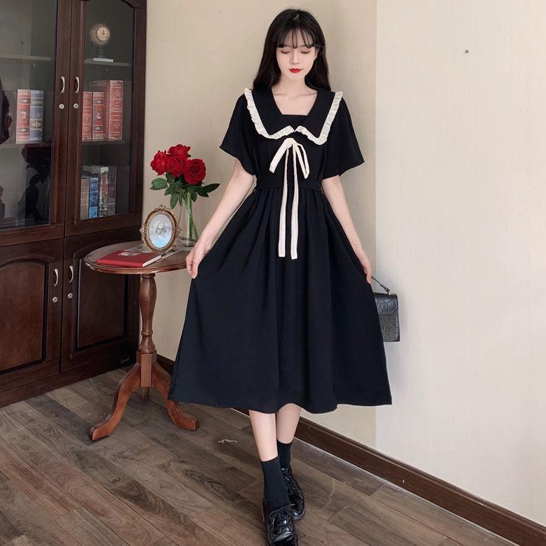 SHUANGYAN Búp bê cổ áo đầm mùa hè đầu 2023 học sinh trung học ngọt ngào Pháp thắt lưng hiển thị gầy váy đen