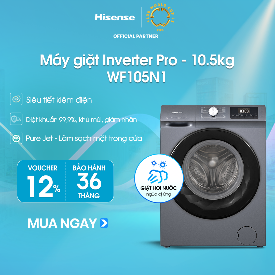 Máy giặt Hisense Inverter Pro 10.5 kg WF105N1 Giặt hơi nước diệt khuẩn, bảo hành 3 năm - HÀNG CHÍNH HÃNG