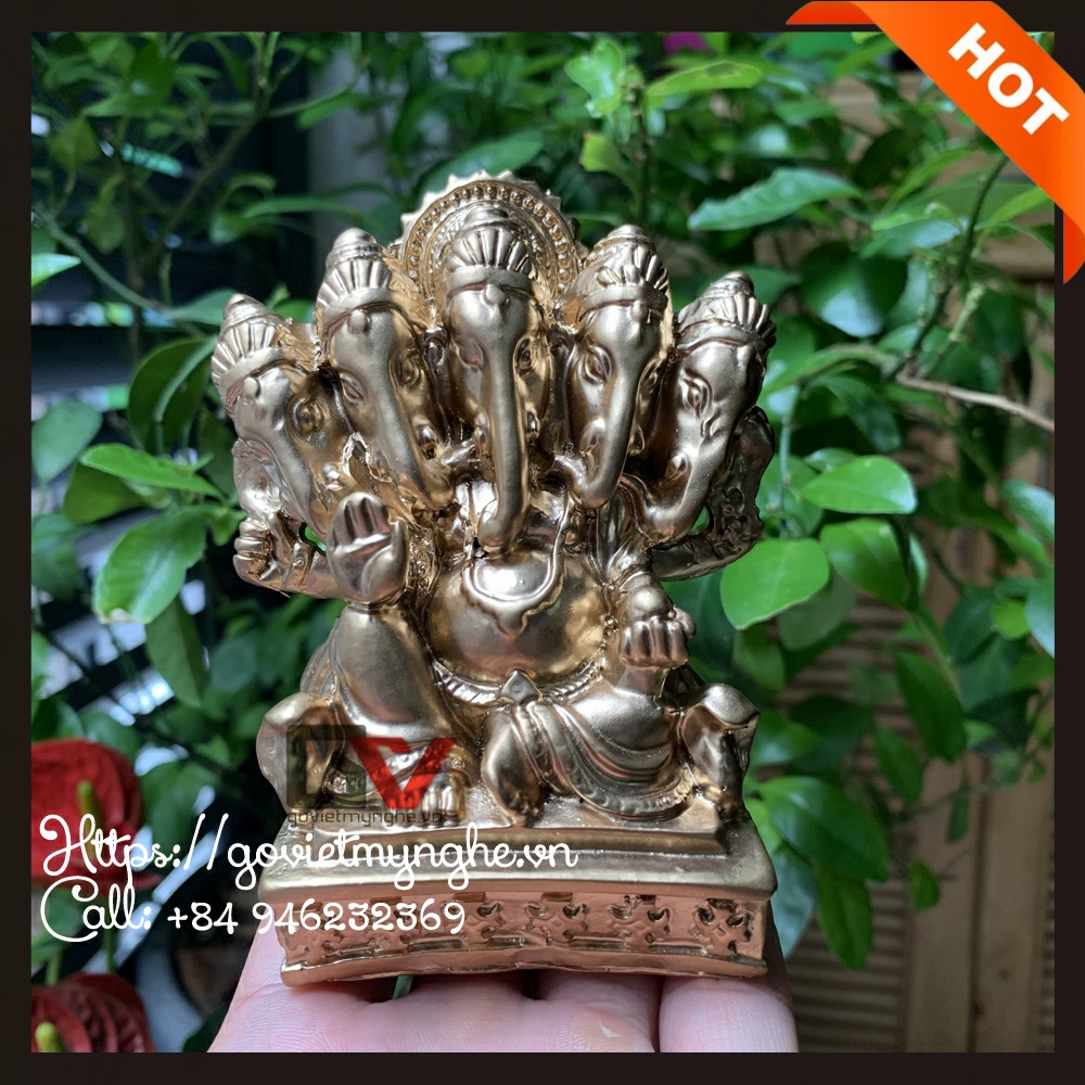 Tượng đá trang trí Thần voi Ganesha - Chiều cao 10cm - Màu nhũ đồng