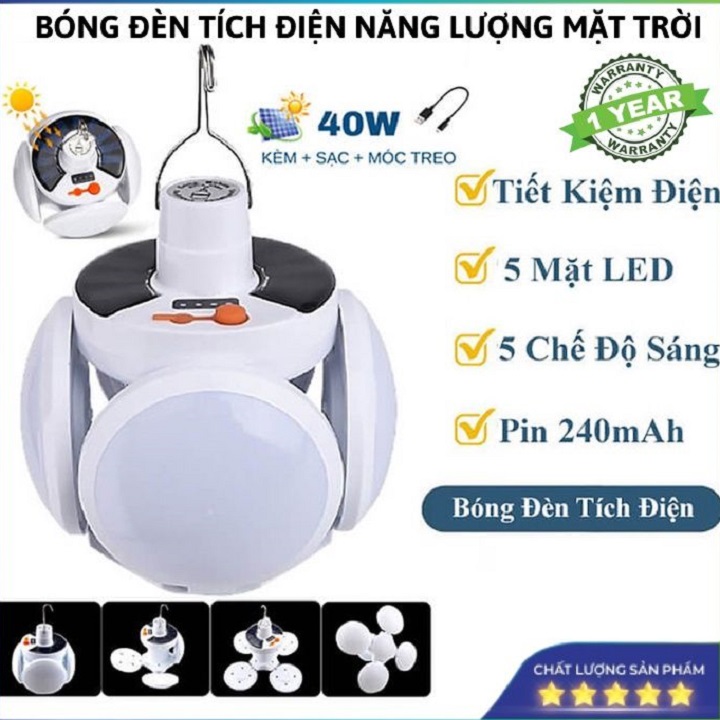 Bóng Đèn led tích điện năng lượng mặt trời 4 cánh 5 bóng hình trái banh, ánh sáng trắng, trang trí cây sân vườn, đèn dự phòng lúc cúp điện, đi chơi, cắm trại, picnic