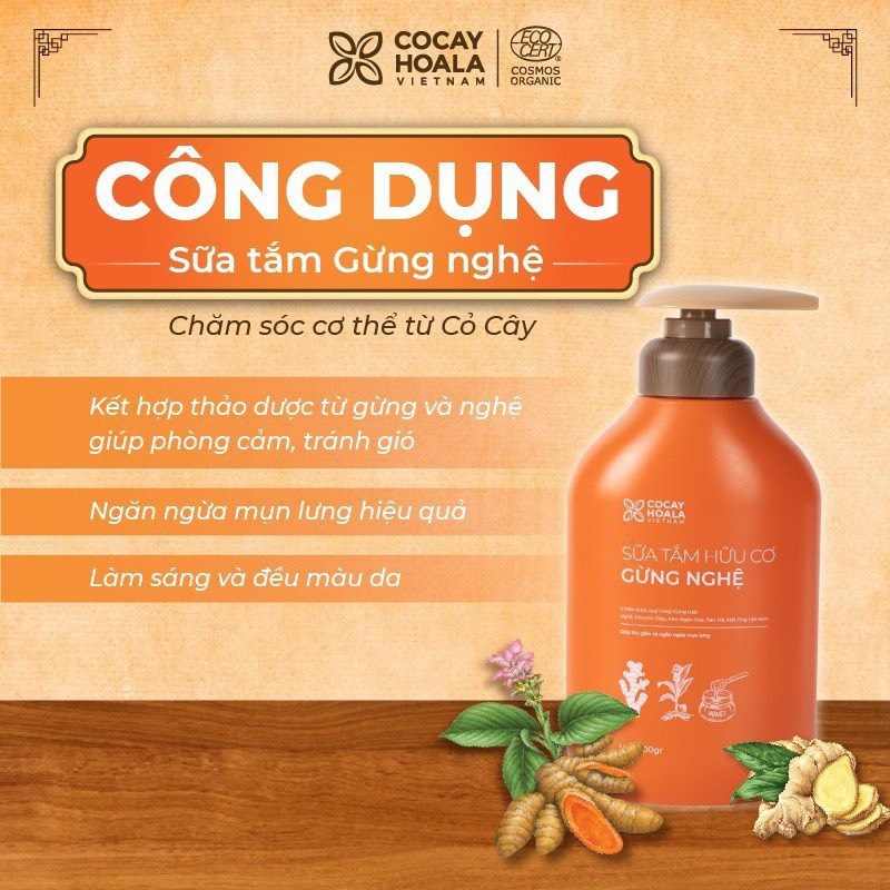 Sữa tắm thảo dược hữu cơ Gừng Nghệ Cỏ Cây Hoa Lá - Chiết Xuất Từ 7 Loại Thảo Dược Quý - Phòng Cảm, Tránh Gió, Dưỡng Da - Cho Con Cho Mẹ, Cho Đại Gia Đình, chai 500gr