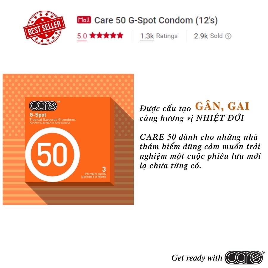 Bao Cao Su CARE 50 Có Gai hương rừng nhiệt đới nhiều gel bôi trơn hộp 3 chiếc, 12 chiếc nhập khẩu Malaysia