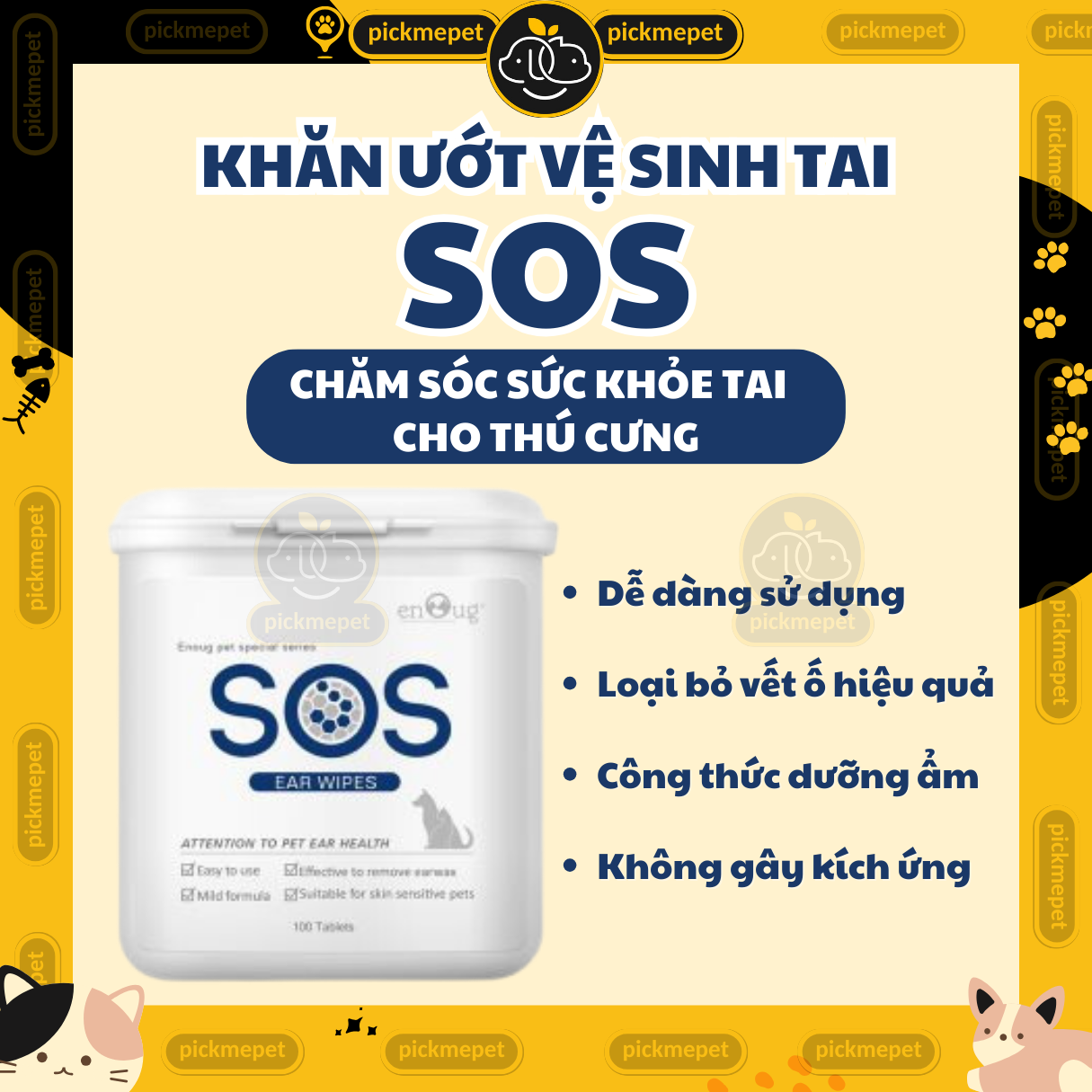 [Hộp 100M] Khăn Ướt Lau Tai, Lau Vết Ố Mắt SOS - cho Chó Mèo