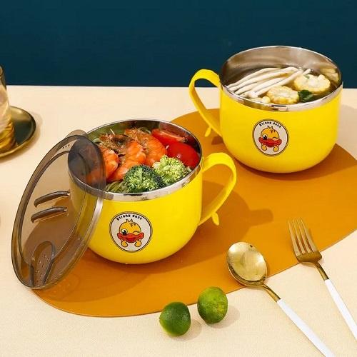 Ca Đựng Bát Cháo Giữ Nóng Inox 304 Tô khuấy Bột Ăn Dặm Hình Vịt Vàng Cho Bé