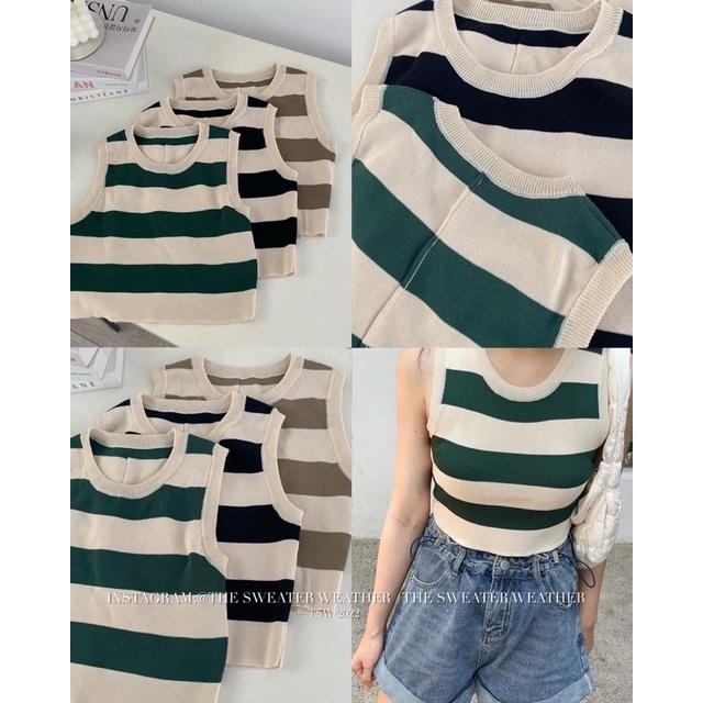 Áo len croptop Mongtoghi ba lỗ, Áo 3 lỗ kẻ ngang sát nách hottrend Junnie Closet