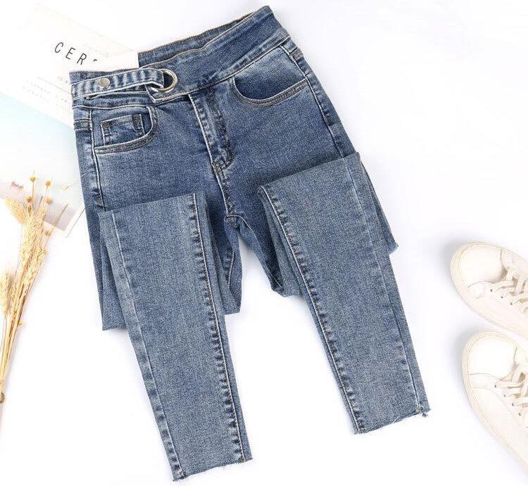 Quần jeans màu xám khói nữ co giãn bó sát chín tất bé gái