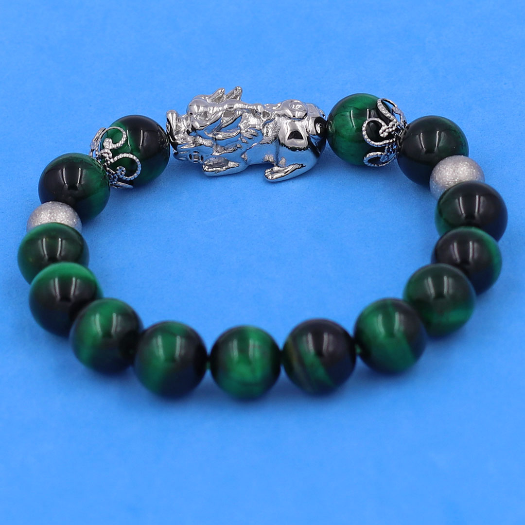 Vòng chuỗi đeo tay đá mắt hổ xanh lá 10 ly charm tỳ hưu inox, bi inox, khía bông inox, vòng tay phong thuỷ, vòng tay tỳ hưu