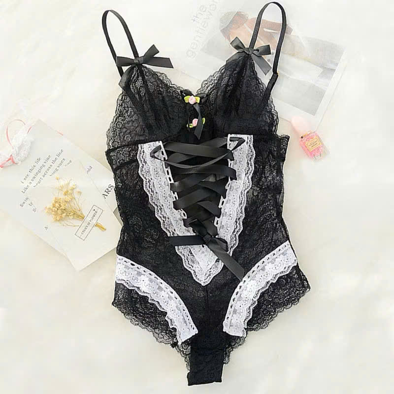 Bodysuit Ren Lưới Đính Nơ Thêu Hoa Không Kèm Tất Xinh Xắn