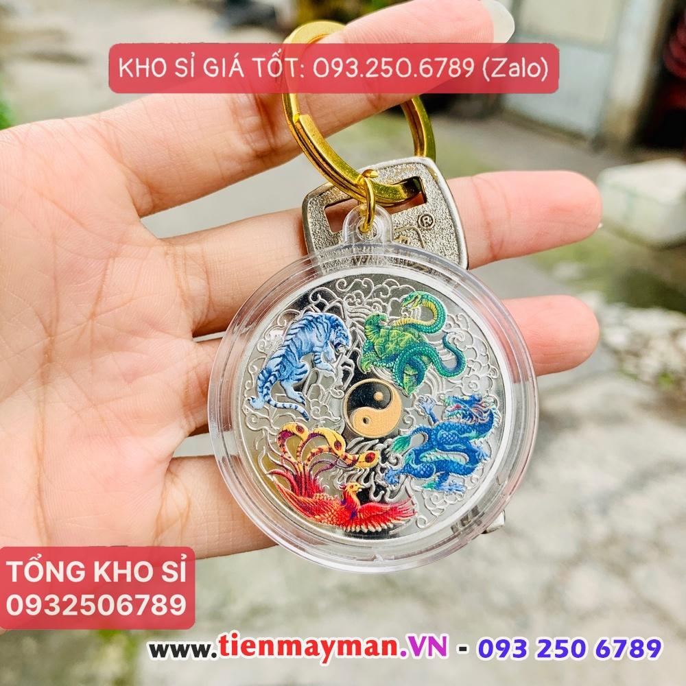 Móc khóa nhà, xe máy Đồng Xu Tứ Linh In Màu 3D Phong Thủy May Mắn, kèm Túi Gấm Đỏ - PASA COLLECTION
