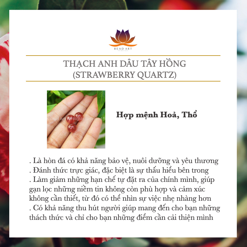 8MM Đá Thạch Anh Dâu Tây Hồng, Strawberry Quartz Tự Nhiên Loại A, Vòng Tay Phong Thuỷ, Chuỗi Hạt, Mệnh Hoả, Thổ - Bead Art