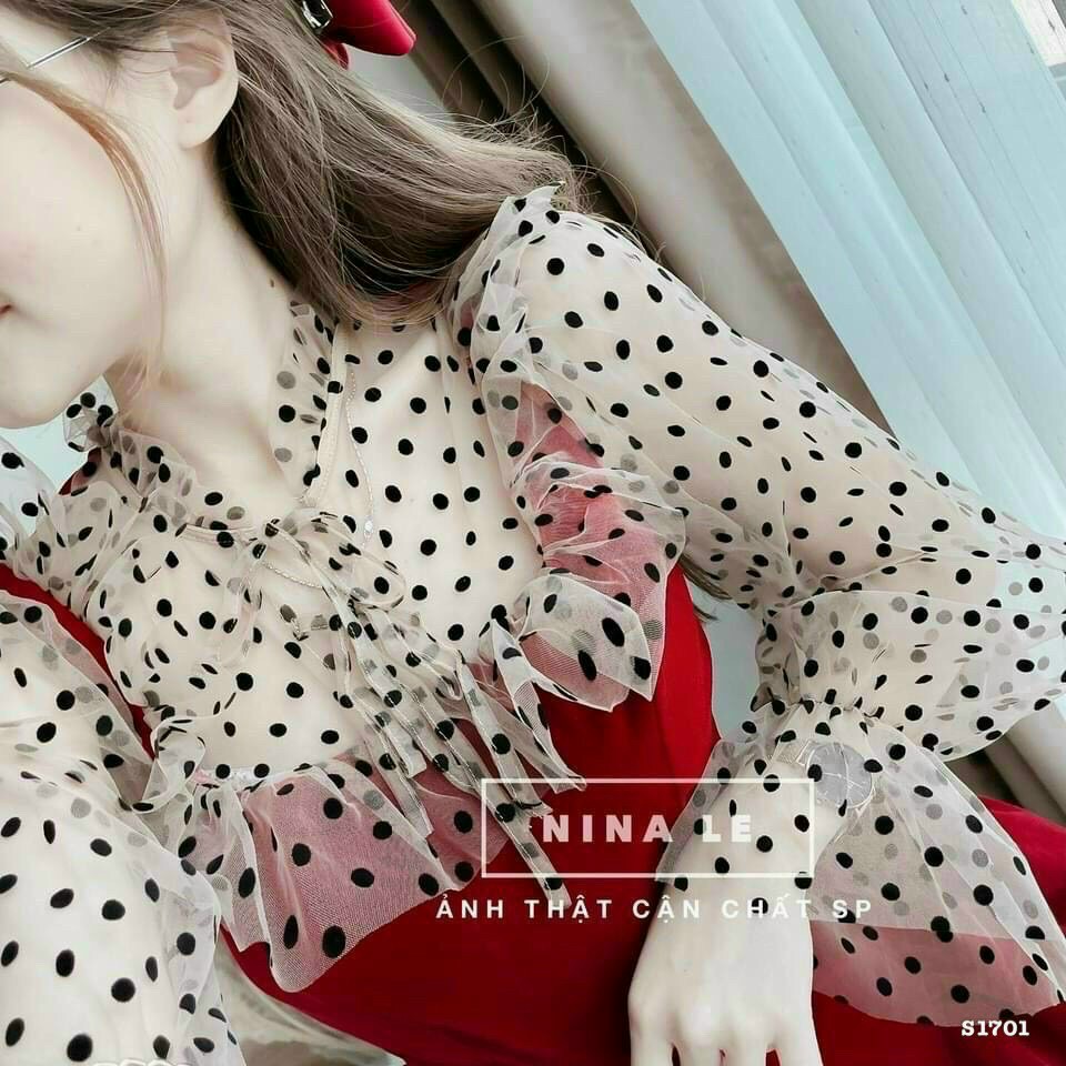 Đầm Poly hot girl, hot trend đi cà phê đi dạo phố, đi tiệc đầu năm, đi công sở dáng xoè cổ vuông phối cổ và tay lưới bi