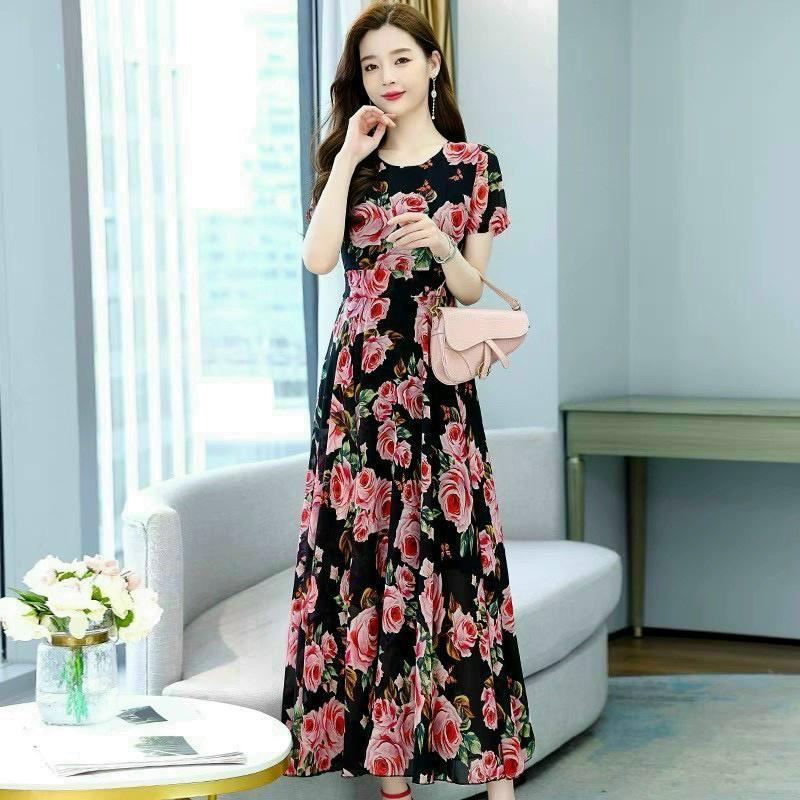 Đầm maxi voan hoa hồng 2 lớp cao cấp