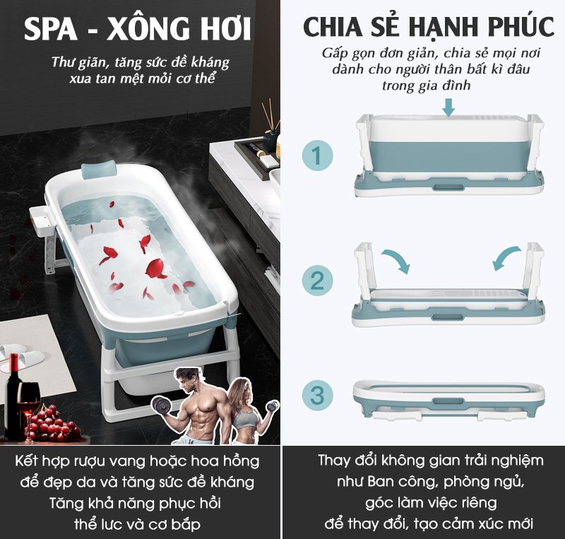 Compo Bồn Tắm Gấp Gọn Cho Người Lớn - kèm Máy Xông Hơi - Chất Liệu PP Siêu Bền - Kích Thước 117cm ( S-120) - Loại Nhỏ