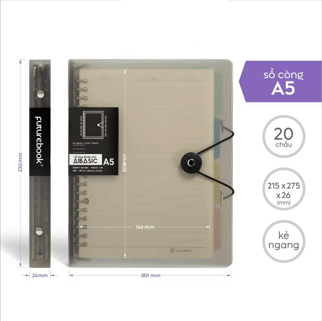 FUTUREBOOK-Sổ Còng Binder Aibasic 8Chấu A5 Kèm Ruột Giấy ReFill 120Trang–Định Lượng100Gsm–Dòng kẻ Caro_Kẻ Ngang_Chấm Dot