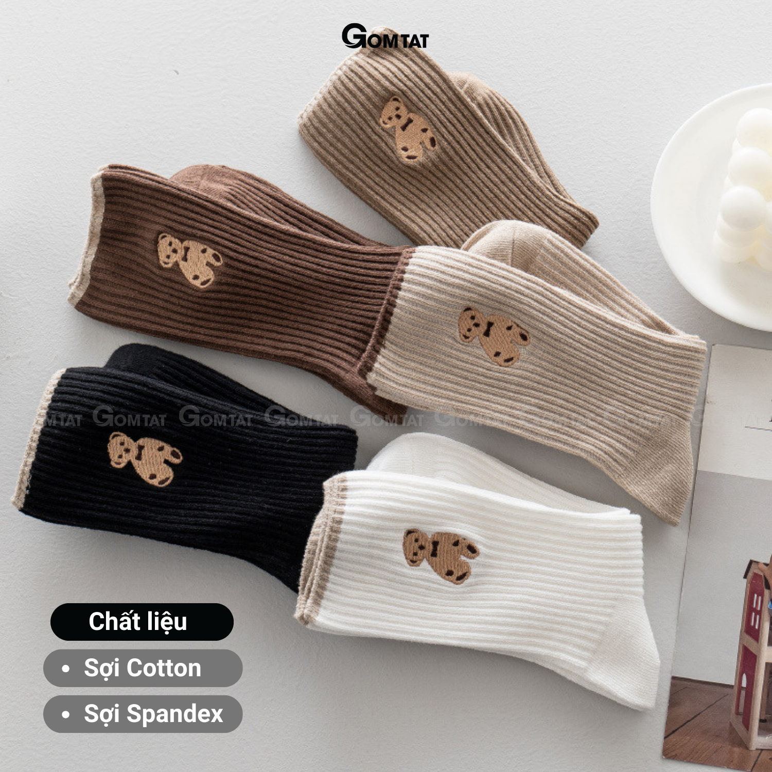 Set 5 đôi tất vớ nữ cổ cao GOMTAT mẫu hình gấu cao cấp, chất liệu dày dặn, hút ẩm, thoáng khí chống mùi - COCAO-HINHGAU