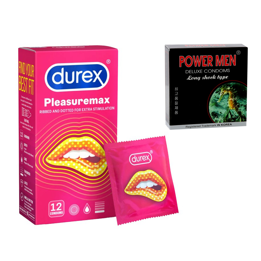 Bao Cao Su Có Gân Gai Durex Durex Pleasuremax (H12) + Bcs Gai Kéo Dài Thời Gian Quan Hệ Power Men Long Shock Type (H3) - Hàng Chính Hãng 100% - Che Tên Sản Phẩm