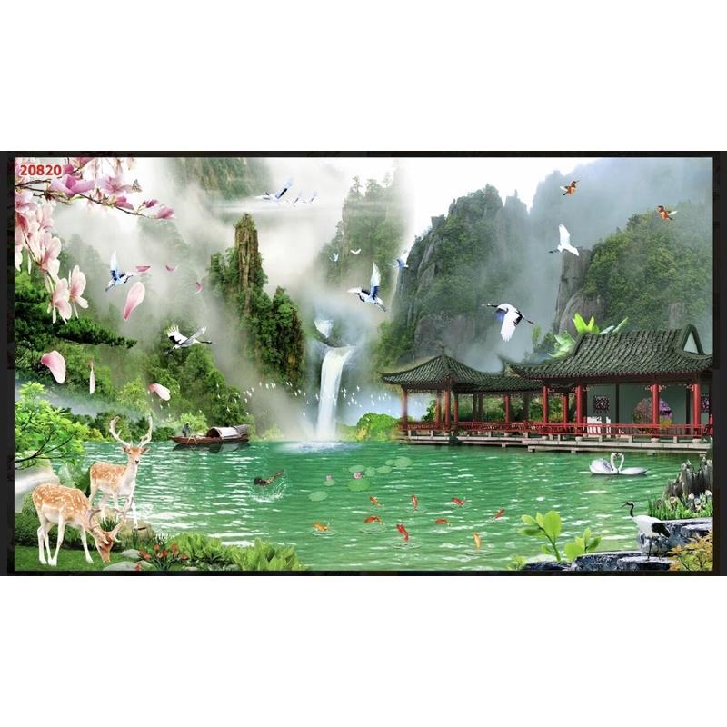 Tranh phong cảnh dán tường 3d. tranh in vải lụa chống ẩm mốc, siêu bền