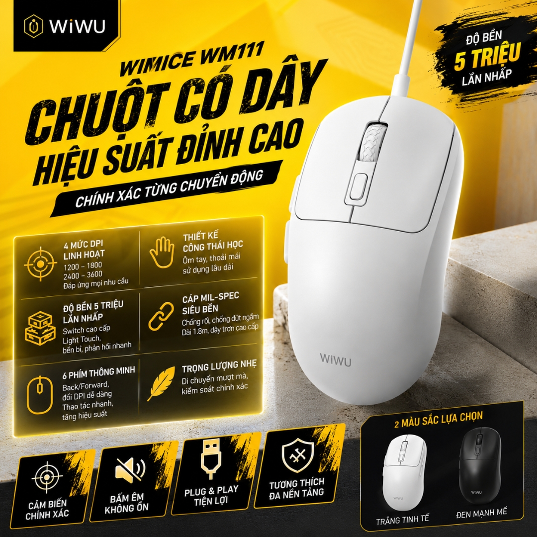 Chuột máy tính có dây AirPrecision Mouse DPI 3600, 6 Phím Thông Minh WIWU WM111 cho Laptop | Cáp 1.8M Siêu Bền | Switch 5 Triệu Lần Nhấp | Chuột Văn Phòng, Học Tập, Gaming Nhẹ - Hàng nhập khẩu