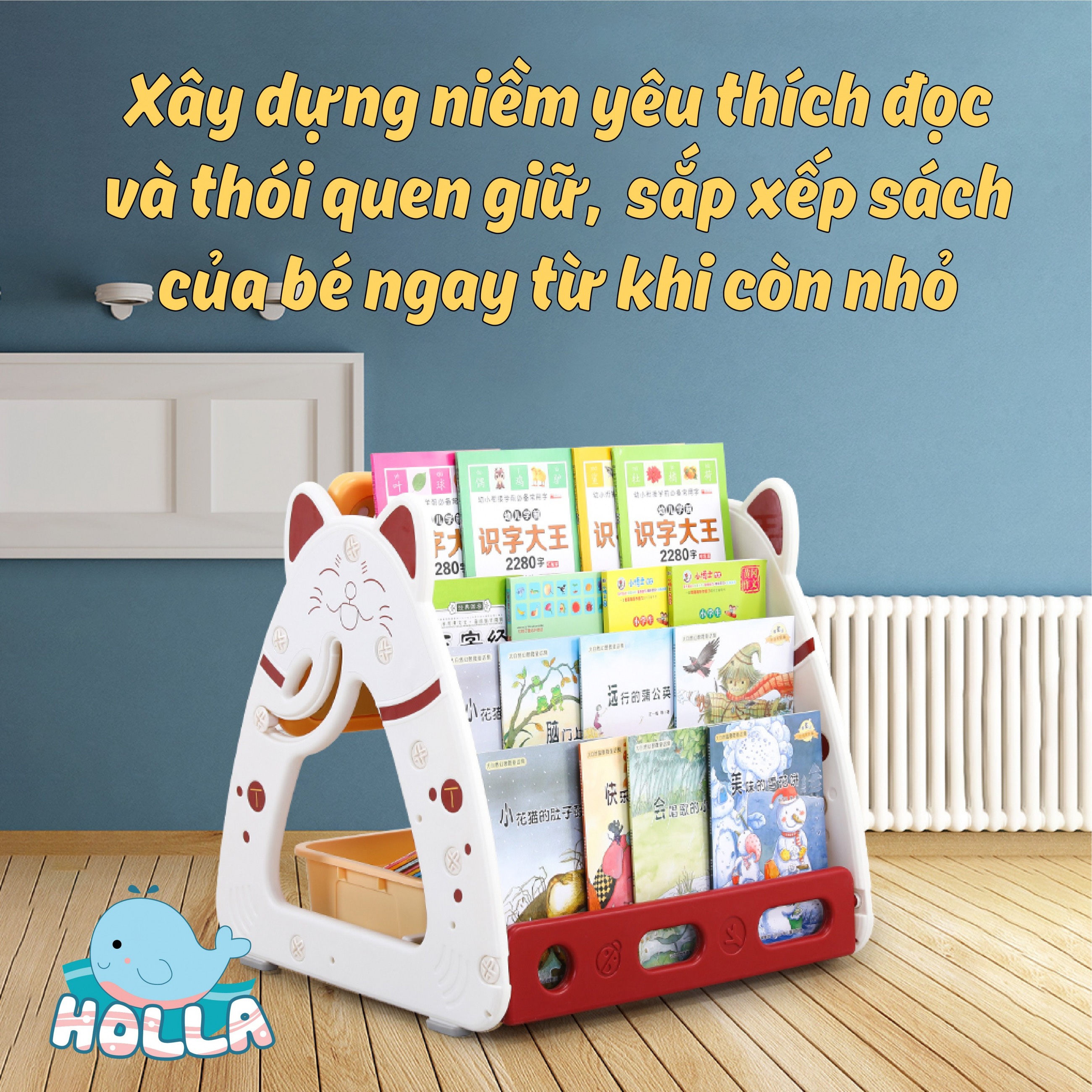 Bảng Vẽ Bàn Học Giá Sách Mèo Holla Cho Bé 1-7 Tuổi - Tặng Kèm Ghế