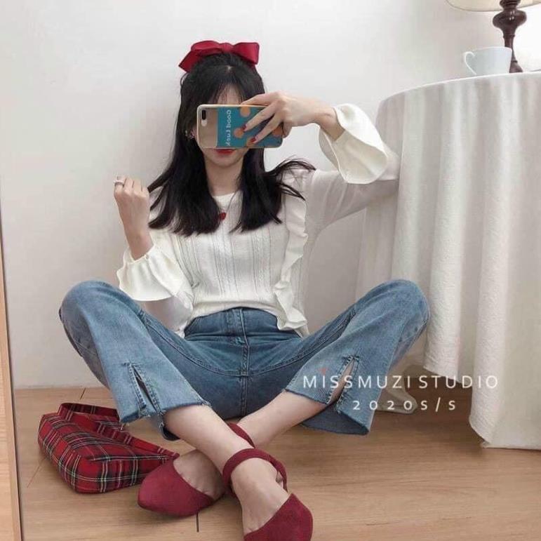 QUẦN JEANS XANH ĐEN ỐNG LOE XẺ GẤU