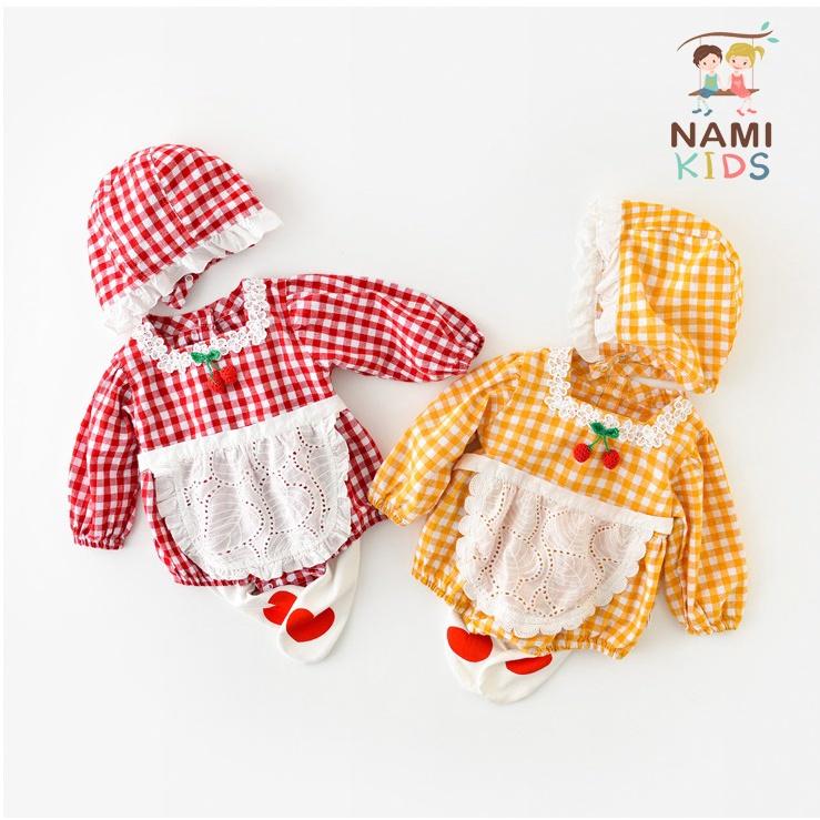 [78:H21] set 3 mảnh gồm body caro + mũ + tạp dề ren dễ thương cho bé gái