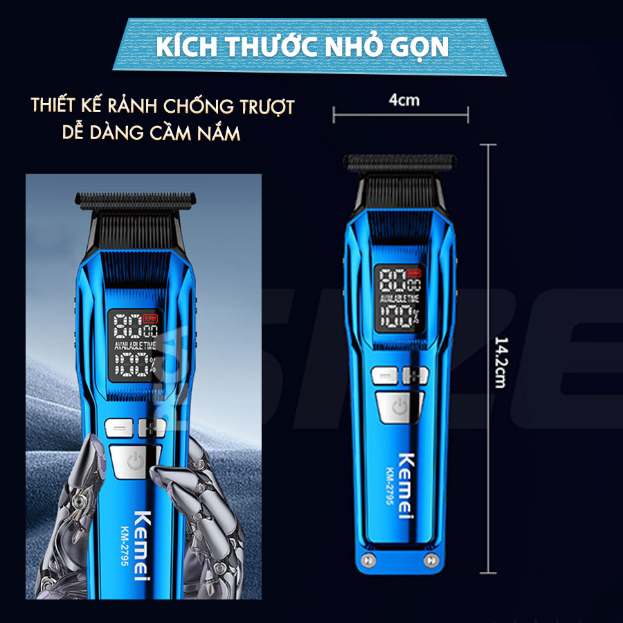 Tông đơ chấn viền Kemei KM-2795 lưỡi cắt mạ carbon DLC cao cấp công suất mạnh mẽ 8W sạc nhanh USB pin lâu - Chính hãng