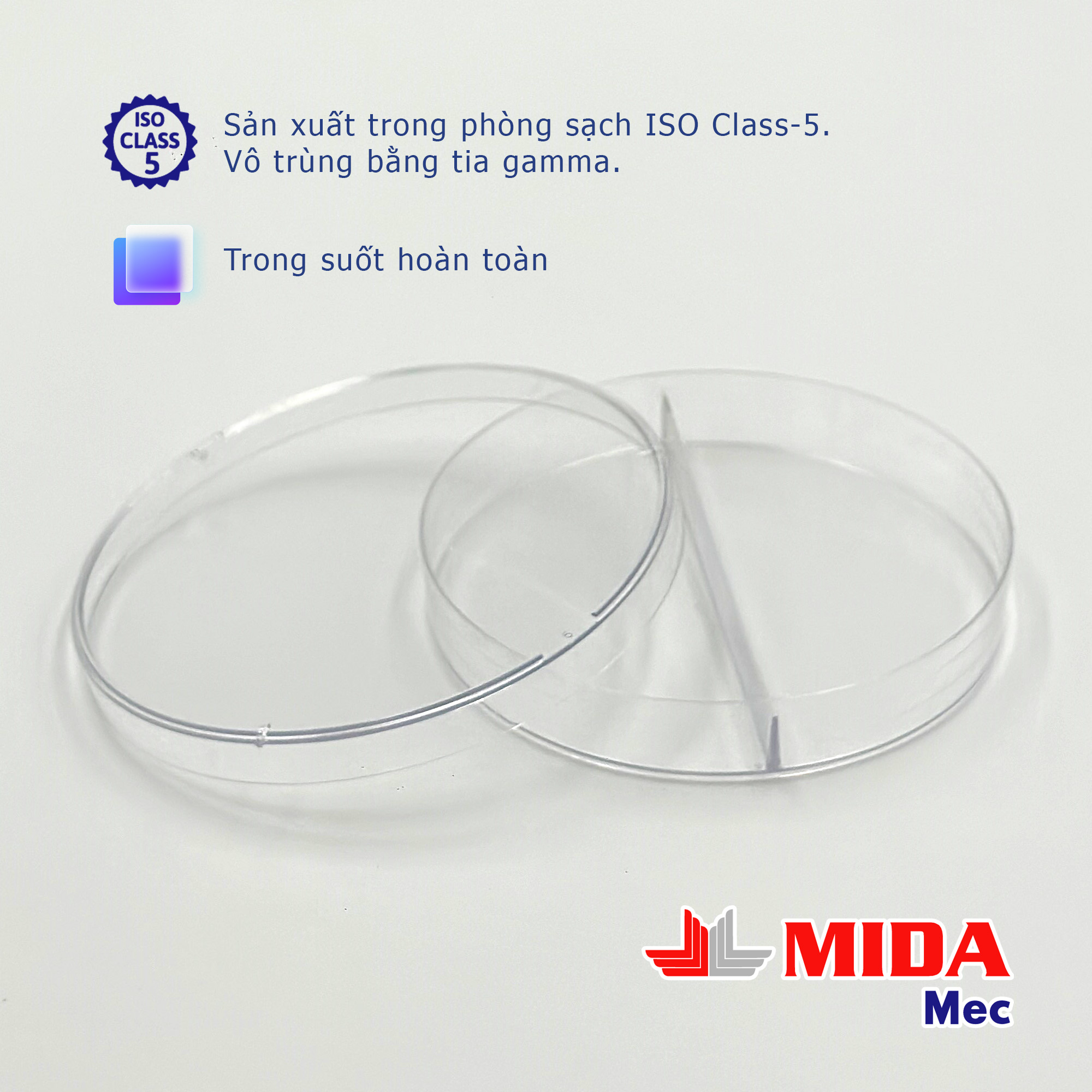 Đĩa Petri nhựa MidaMec 9015 - 2 ngăn đã tiệt trùng đóng gói 20 cái/ bao