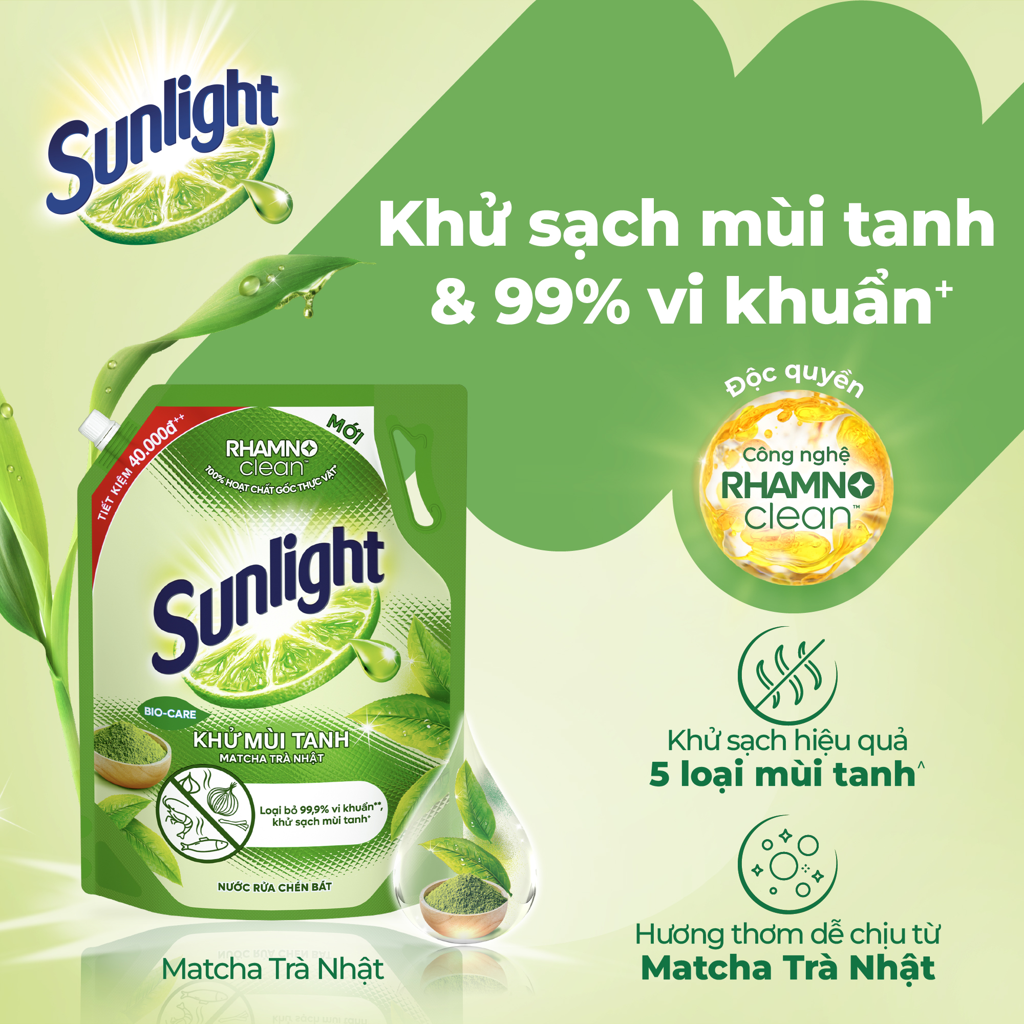 Nước Rửa Chén Sunlight Bio-Care Matcha Trà Nhật Dạng Túi Châm Thêm, Khử Mùi Tanh Sạch Dầu Mỡ 3.3kg