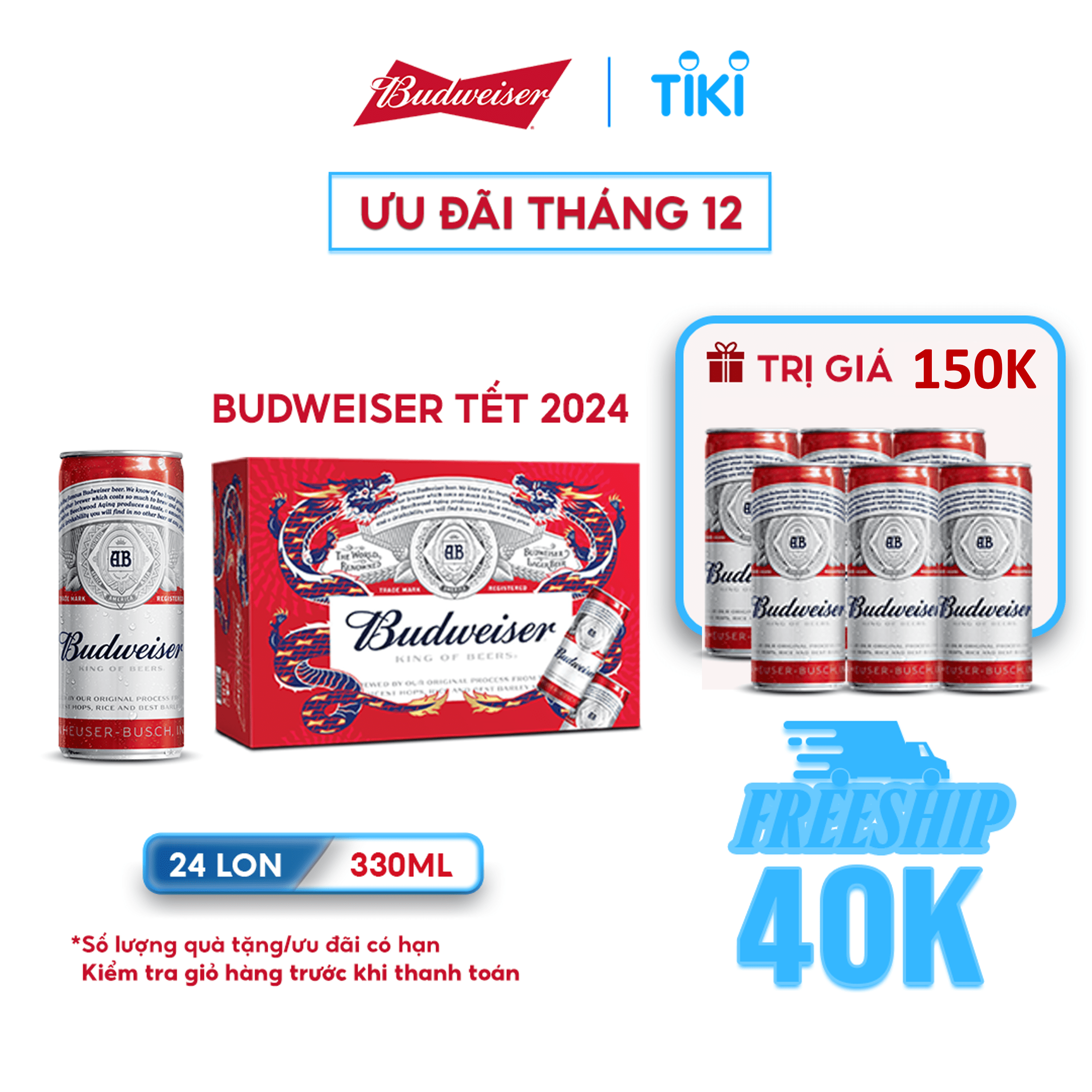 Thùng 24 Lon Bia Budweiser Chính Hãng (330ml/ lon) - Phiên Bản Tết 2024