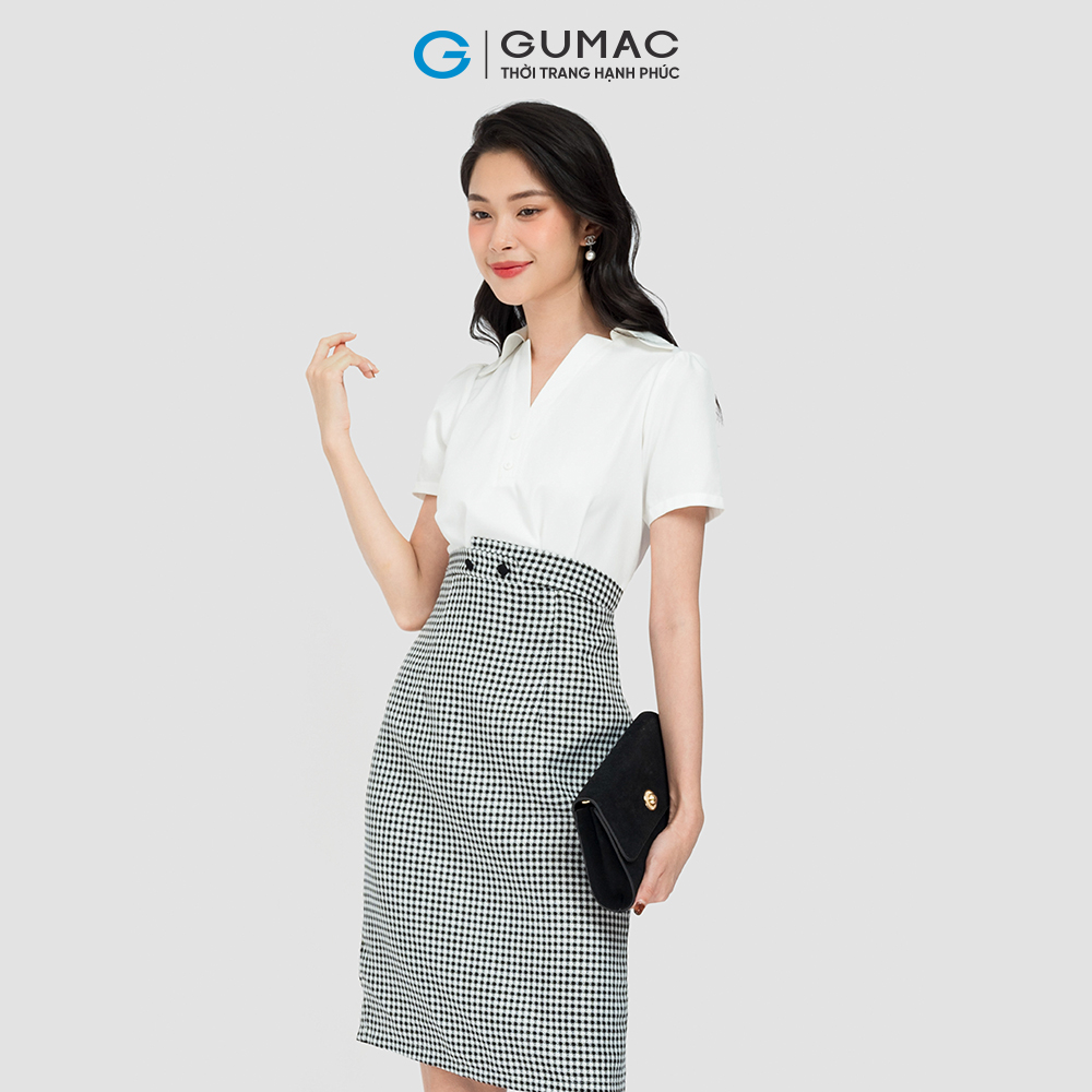Đầm caro phối sơ mi GUMAC DC08101 vải kate lụa màu caro xám
