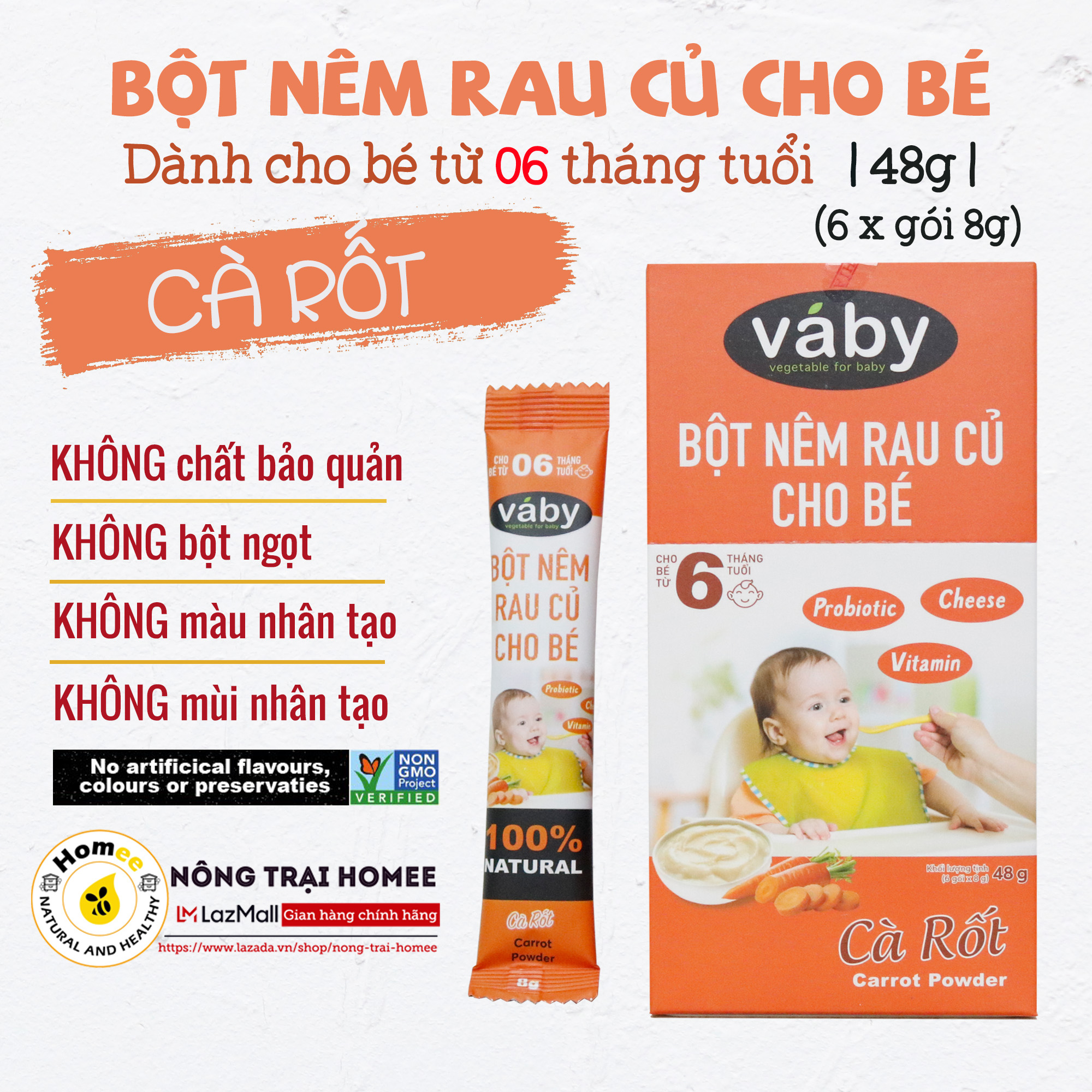 Bột nêm Cà Rốt dành cho bé ăn dặm VABY Hộp 48g (6 gói x 8g) - Gia vị nêm và rắc dành cho bé từ 6 tháng tuổi