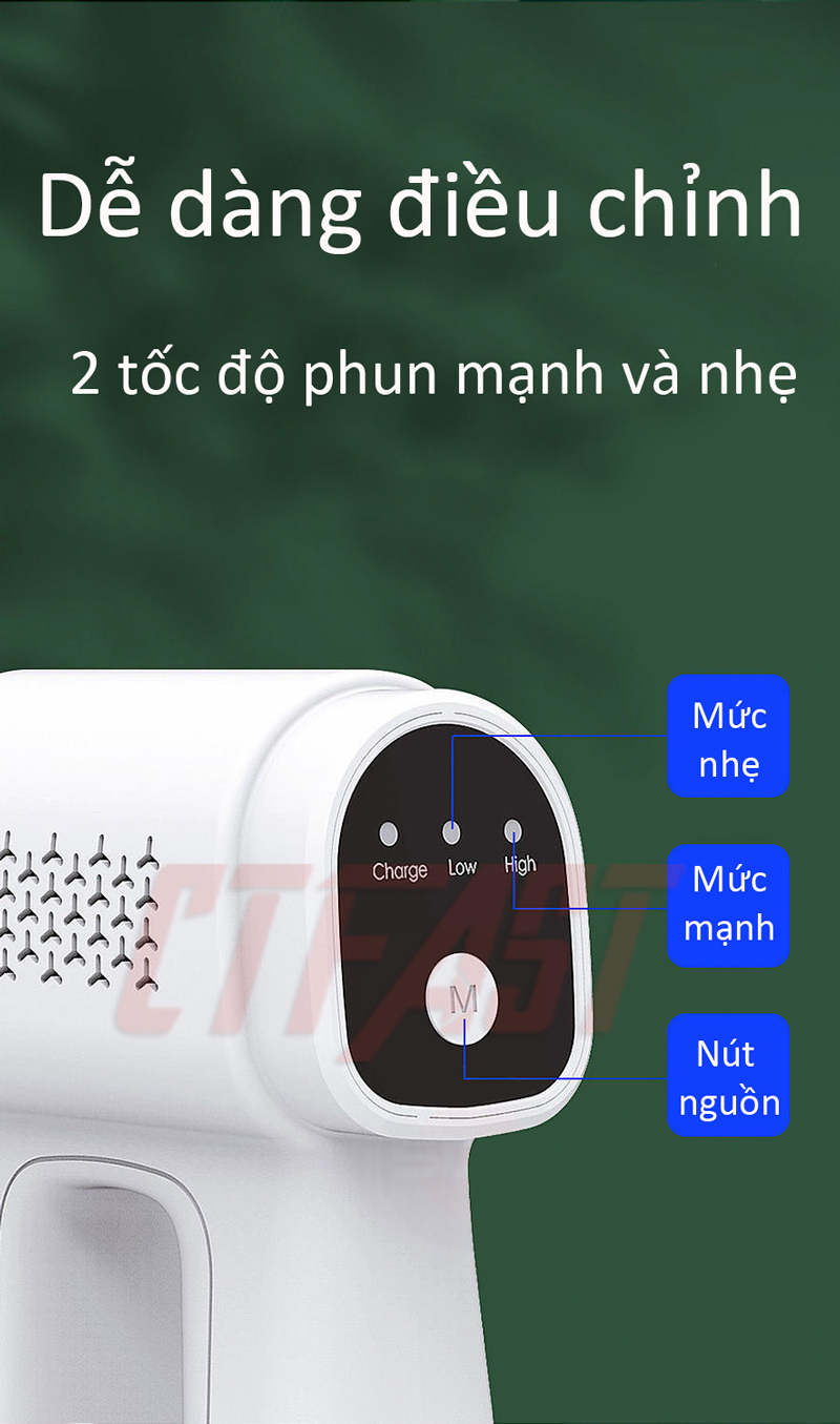 Thiết bị phun khử trùng nano cầm tay CTFAST - 05 : Máy phun khử trùng gia đình tích điện không dây kết hợp ánh sáng xanh an toàn, khử trùng, diệt khuẩn, đuổi muỗi