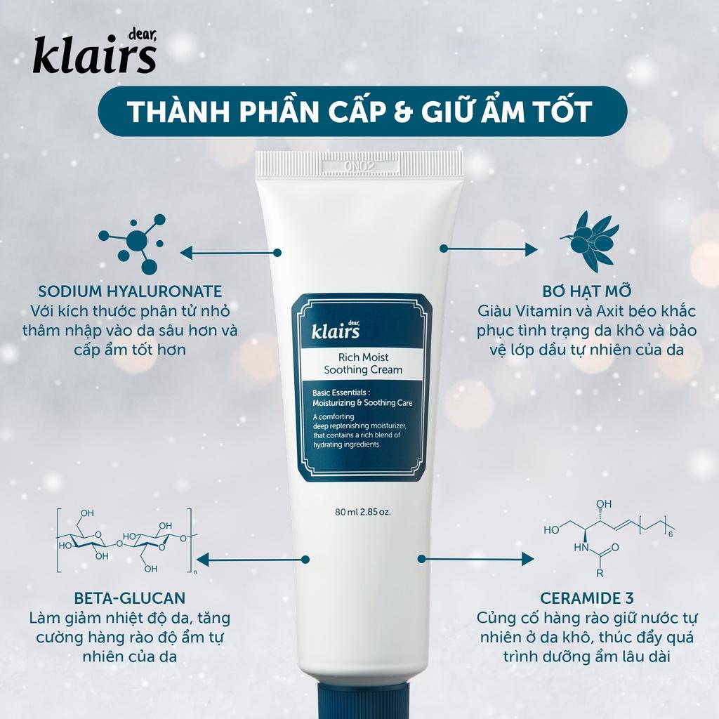 Combo Dear, Klairs tinh chất Rich Moist Soothing Serum 80ml + Dear, Klairs Kem dưỡng Rich Moist Soothing Cream 80ml